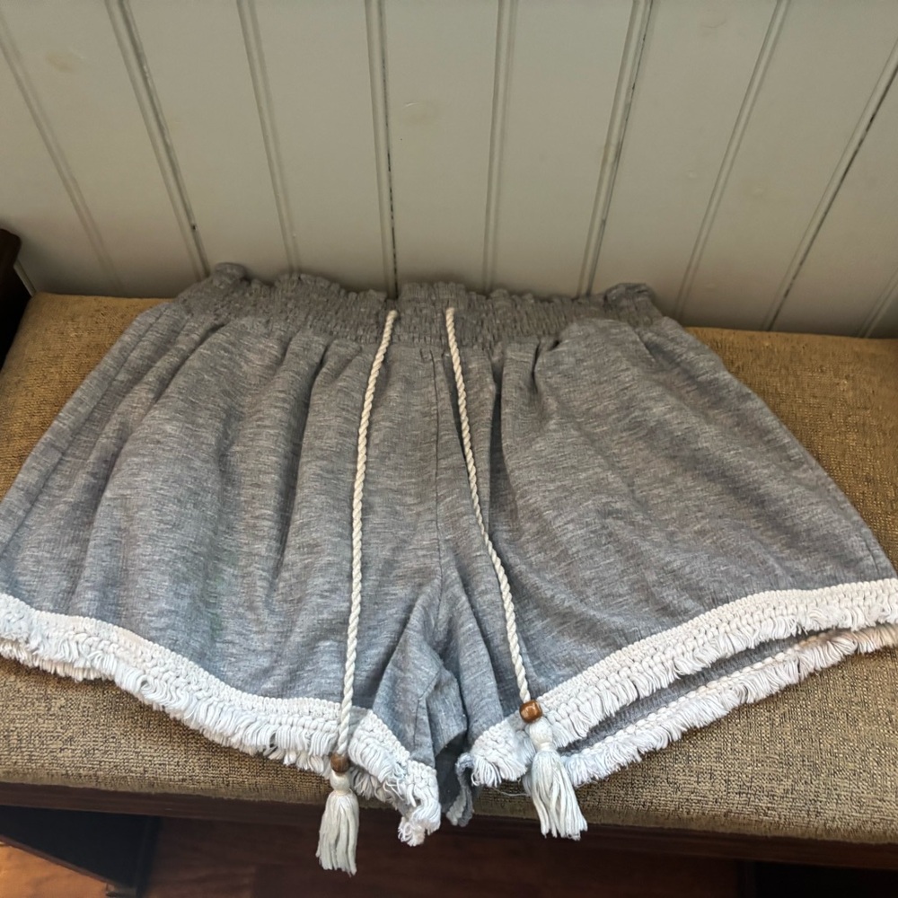 Cozy Gray Fringe Shorts